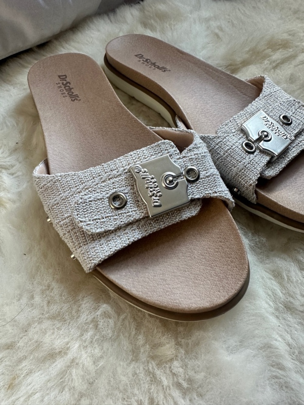 Dr. Scholl’s Nice Iconic Slide Sandals Cream Woven Strap Buckle Comfort Mule - Picture 2 of 11